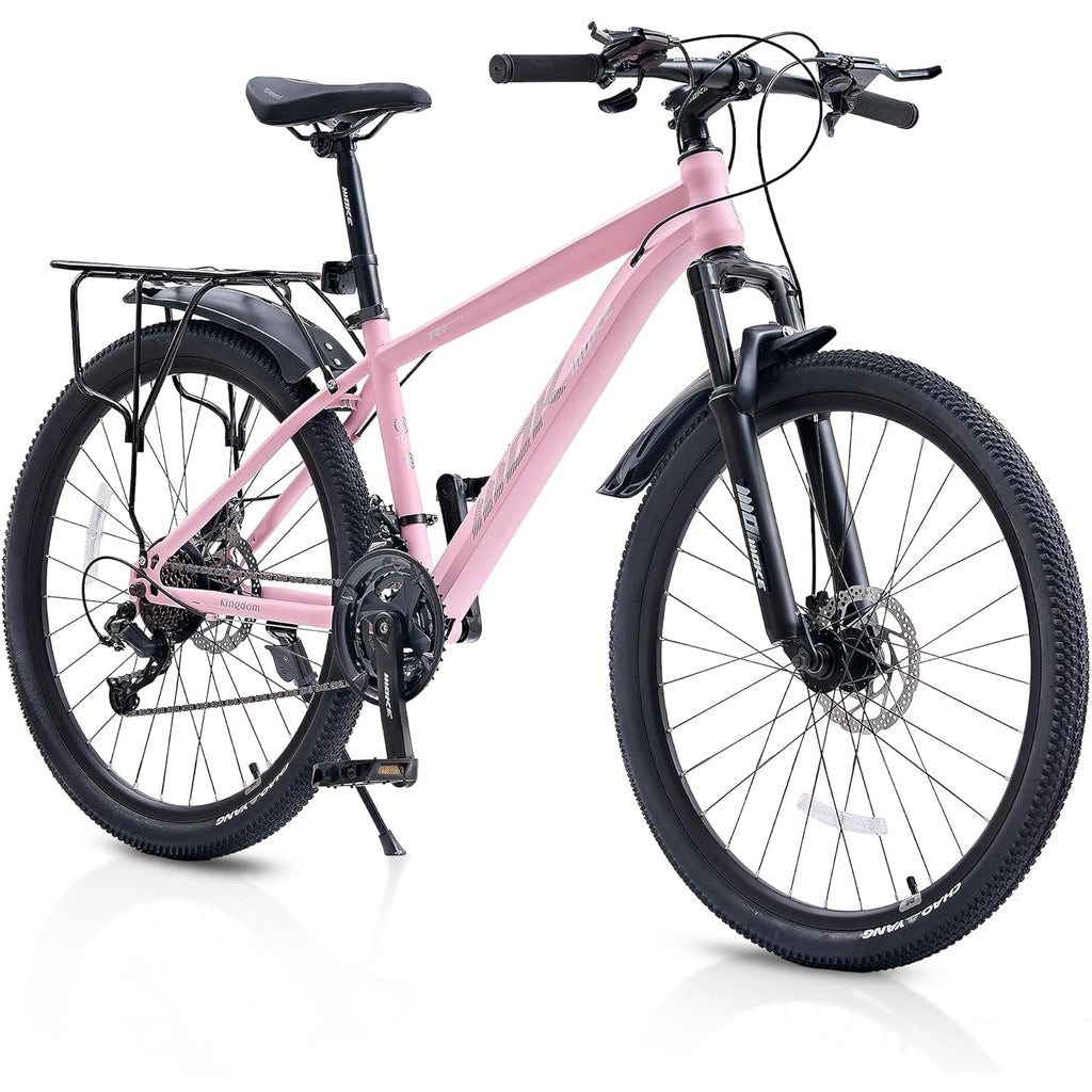 24 26 Inch Kids Bike, Kids Mountain Bike for Boys and Girls Over 6 Years with 21-Speed Drivetrain, Suspension Fork, Dual Disc Brakes, Rear Rack, Internal Cable, Kids' Bicycles with Multiple Colors