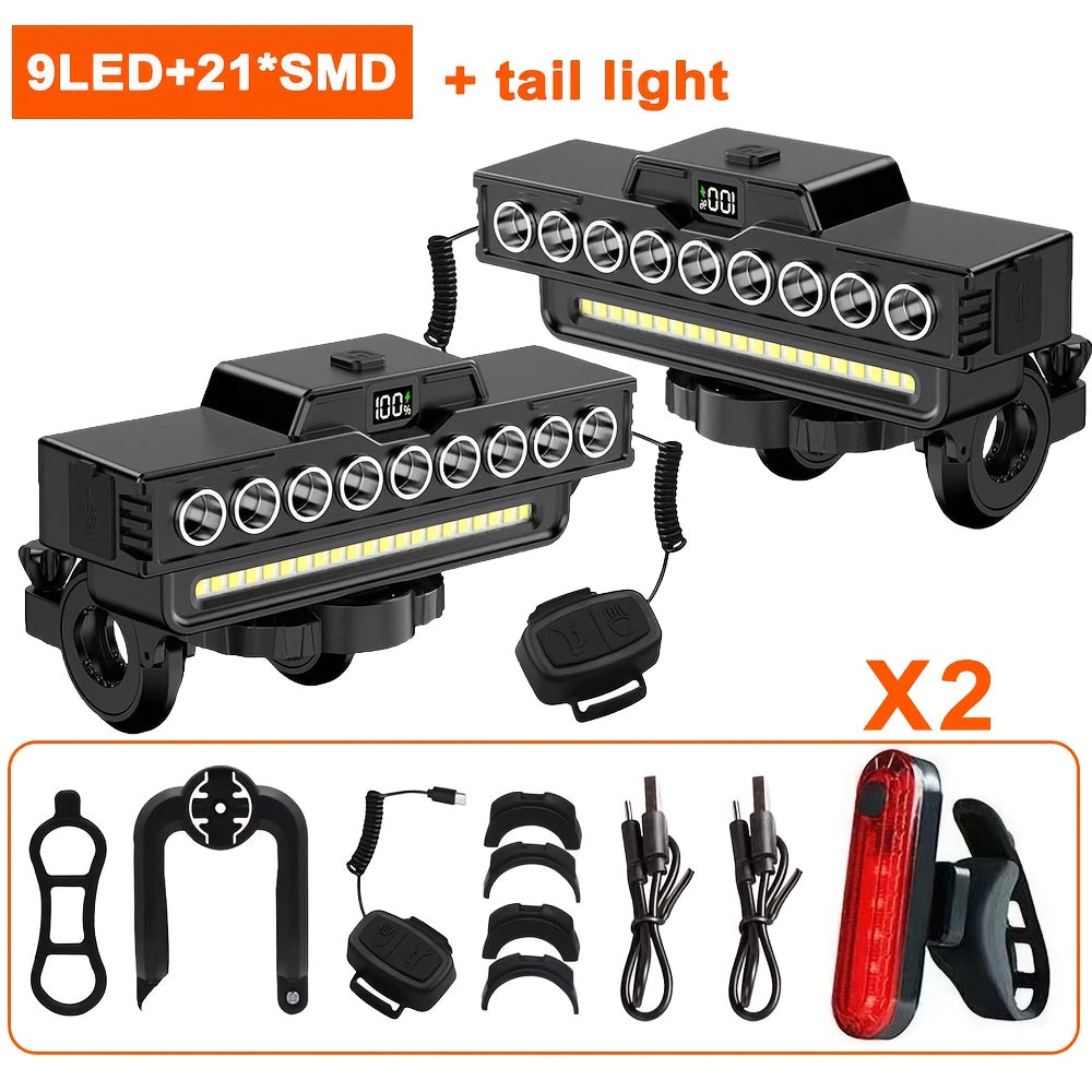 2 Set Bicycle Front Light And Taillights, Super Bright 9LED Bicycle Headlight, 7 Lighting Modes, Built-in 4000mAh Battery, Bike Taillight with 4 Lighting Modes, Easy to Install, for Mountain Bikes, Road Bikes