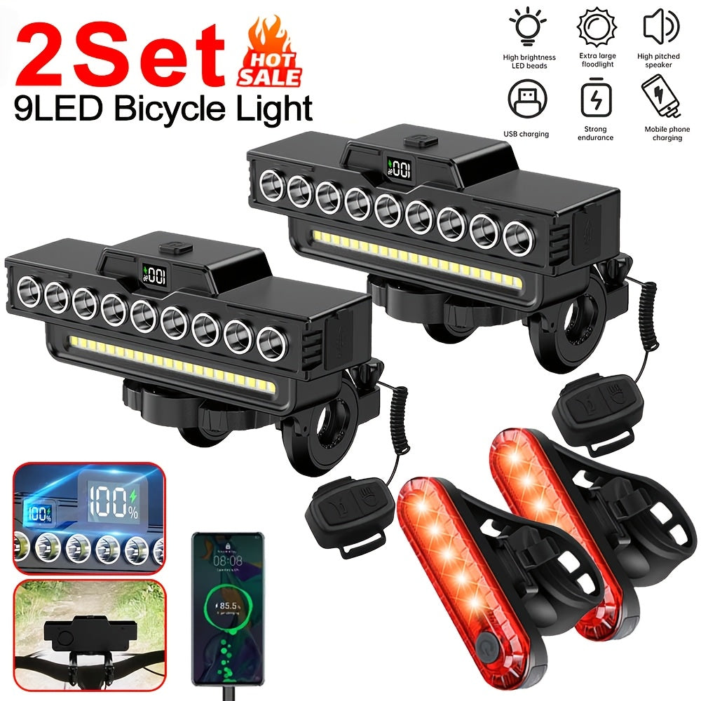 2 Set Bicycle Front Light And Taillights, Super Bright 9LED Bicycle Headlight, 7 Lighting Modes, Built-in 4000mAh Battery, Bike Taillight with 4 Lighting Modes, Easy to Install, for Mountain Bikes, Road Bikes
