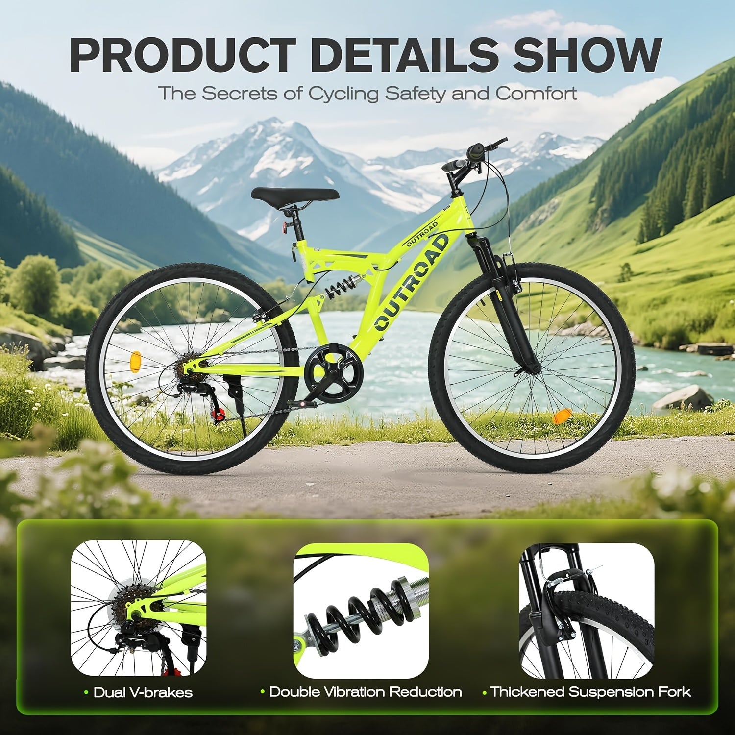 1 26-inch Mountain Bike | 7-speed Full Suspension, Dual V-brake, All-terrain Anti-slip Tires, Alloy Steel Wheels, Stainless Steel Frame, Available in, Suitable for Off-road Riding