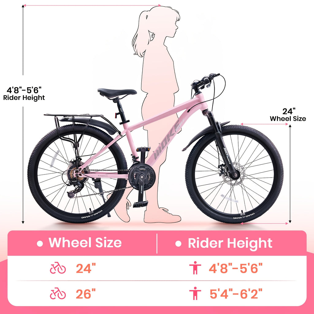 24\u002F26 Inch Kids Mountain Bike Suitable for Boys & Girls Over 6 Years with 21-Speed Drivetrain, Suspension Fork, Dual Disc Brakes, Rear Rack & Alloy Frame - -Terrain for, Trails, Casual Riding (Multiple Colors)