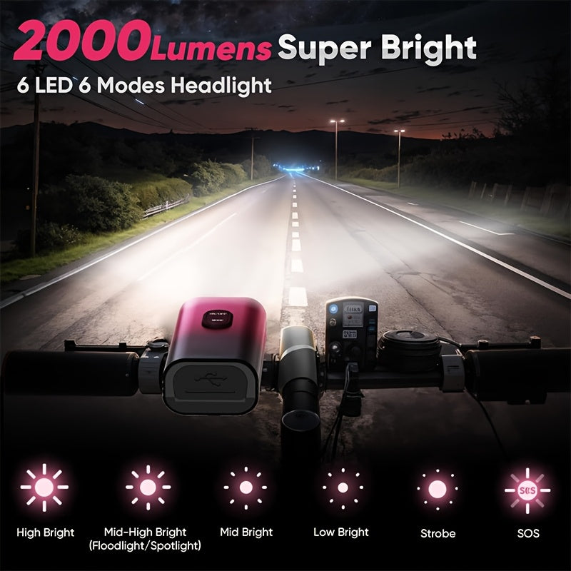 2000 Lumens Ultra-Bright Bike Light, 10000mAh Beautiful Purple-Black Gradient Rechargeable Battery, CNC Aluminum Alloy Material, USB Rechargeable, 6-Mode Bike Light, Suitable for Night Riding, Road Bikes, Mountain Bikes - Valentine's Day