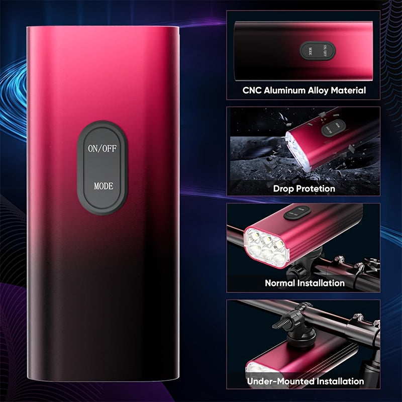 2000 Lumens Ultra-Bright Bike Light, 10000mAh Beautiful Purple-Black Gradient Rechargeable Battery, CNC Aluminum Alloy Material, USB Rechargeable, 6-Mode Bike Light, Suitable for Night Riding, Road Bikes, Mountain Bikes - Valentine's Day