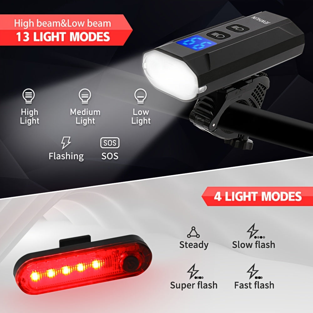 High Brightness Bike Lights for Night Riding, 13 Light Modes Bike Headlight 4Modes Bike Rear Light, Aluminum Waterproof LED Bike Front Lights with High Low Beam Design, LCD Display, IP55, Goof for Night Rider,Commuters,Outdoor Adventurers & Tourists