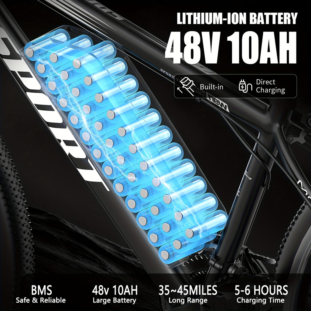 26-Inch Off-Road Electric Mountain Bike, 749W Motor, 25MPH, 48V 10Ah Detachable Lithium Battery, 7 Speed, Dual Disc Brakes, Suitable for Adult Electric Bicycles with a Range of 45 Miles