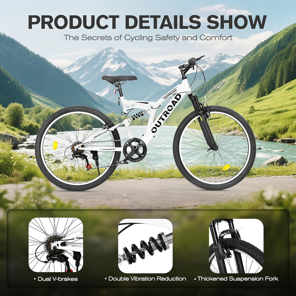 1 26-inch Mountain Bike | 7-speed Full Suspension, Dual V-brake, All-terrain Anti-slip Tires, Alloy Steel Wheels, Stainless Steel Frame, Available in, Suitable for Off-road Riding