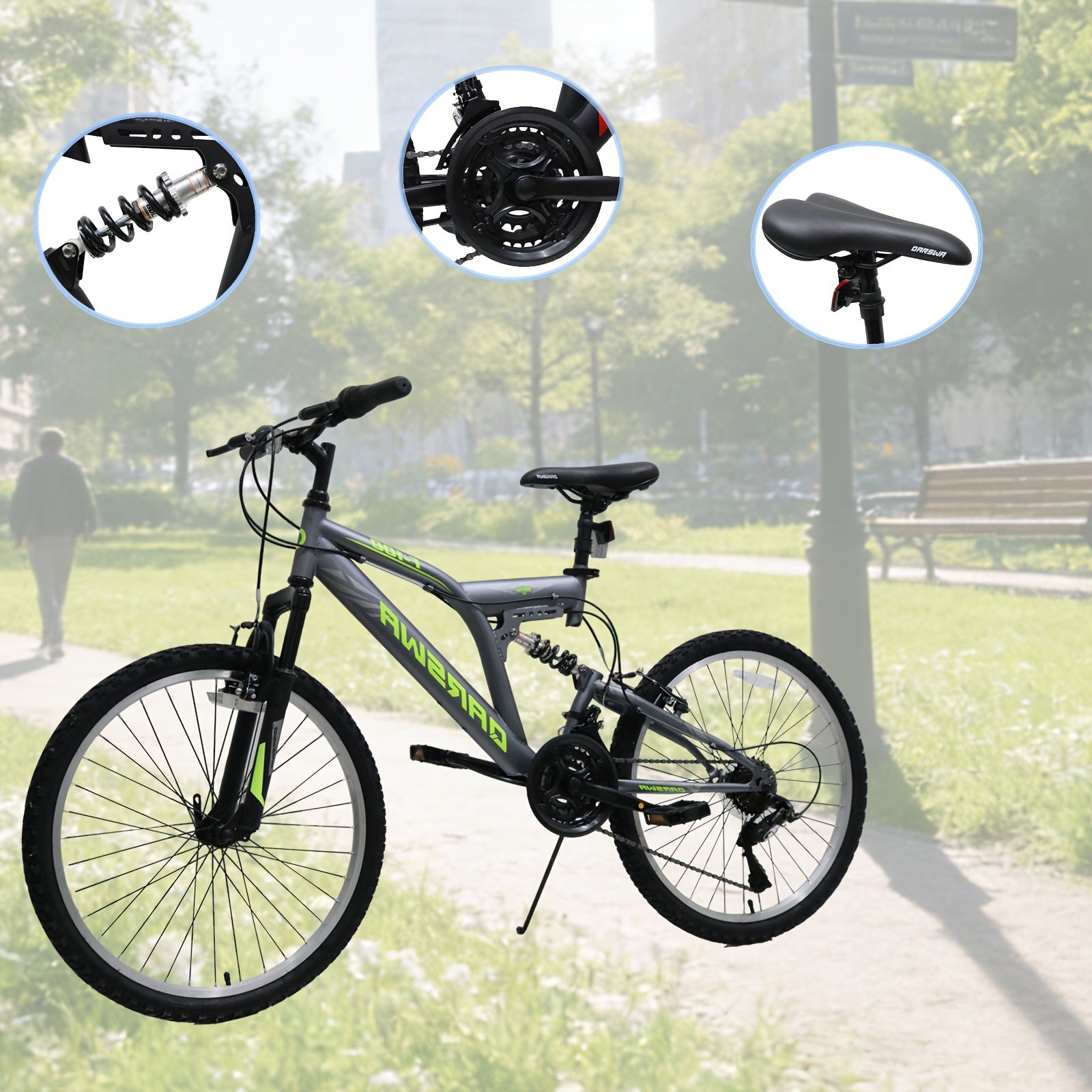24 Inch 21-Speed Mountain Bike For Adults | High Carbon Steel Frame Full Suspension With V-Brakes, Free Mudguards, Aluminum Wheels, Ideal For City And Off-Road Riding