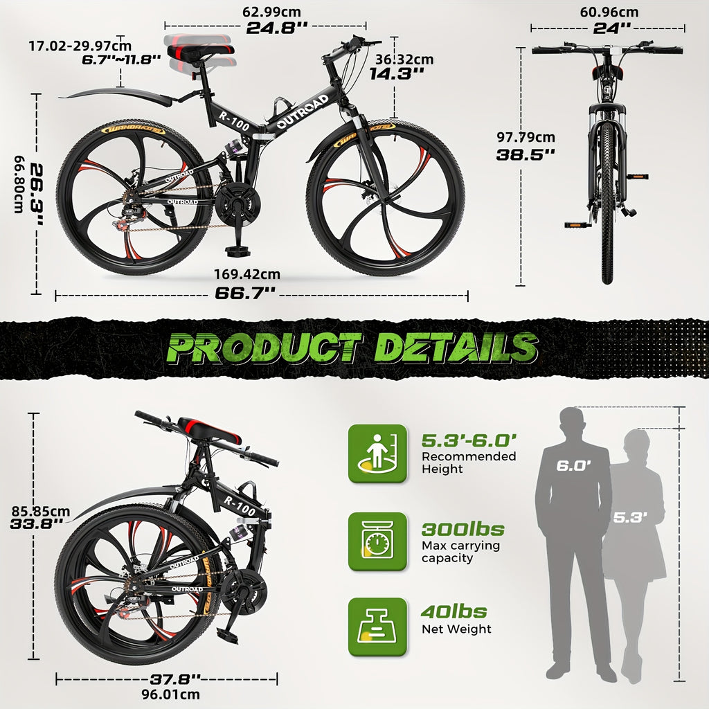 26 Inch Adult Folding Bikes\u002FMountain Bikes, 21 Speeds Mountain Bicycles with Full Suspension, Dual Disc Brake, High Carbon Steel Frame, Foldable Bike for Men\u002FWomen