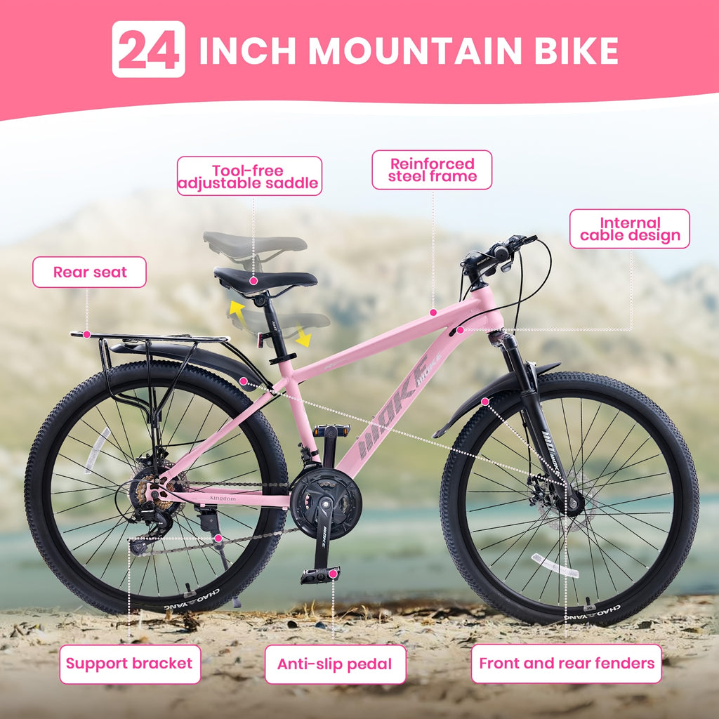 24\u002F26 Inch Kids Mountain Bike Suitable for Boys & Girls Over 6 Years with 21-Speed Drivetrain, Suspension Fork, Dual Disc Brakes, Rear Rack & Alloy Frame - -Terrain for, Trails, Casual Riding (Multiple Colors)