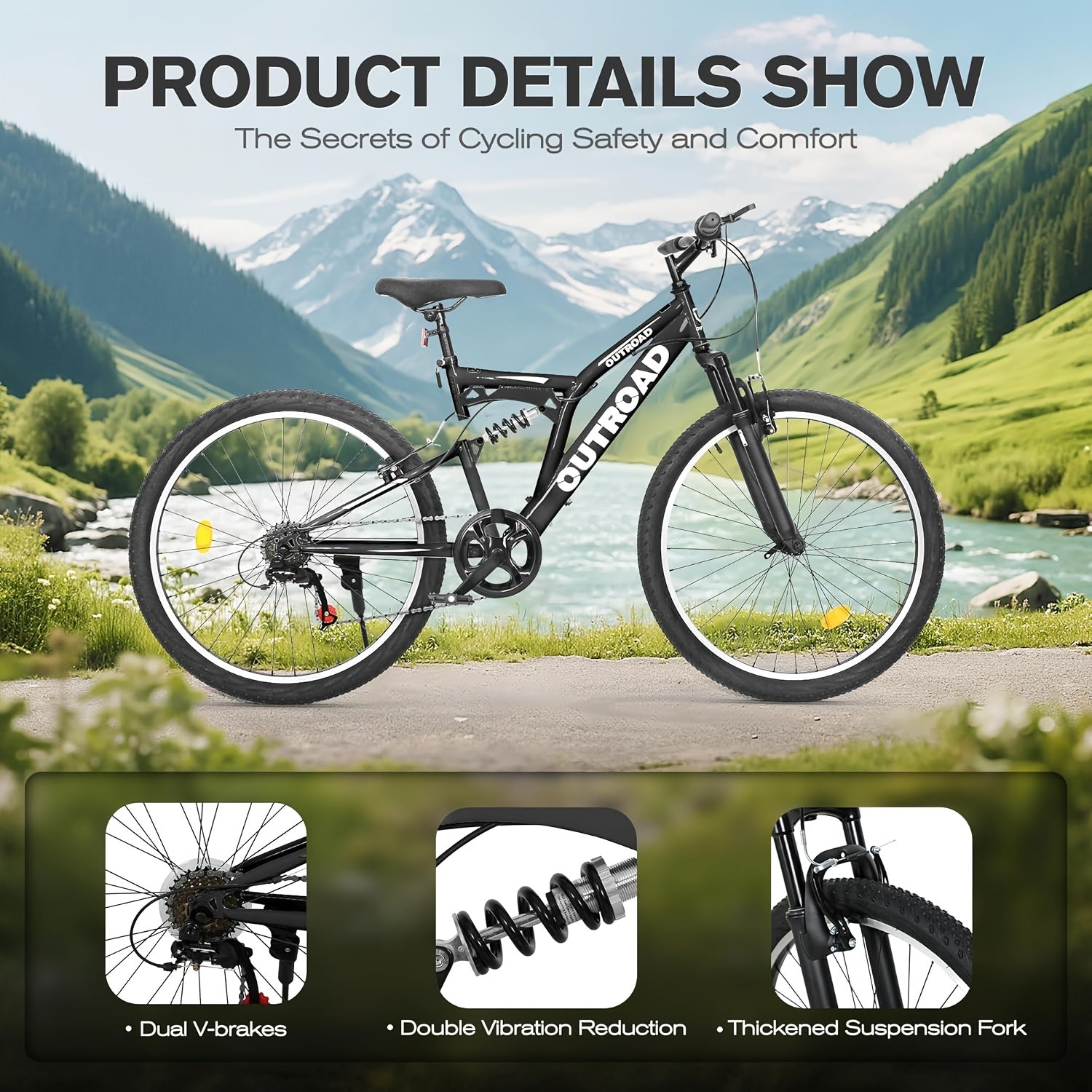 1 26-inch Mountain Bike | 7-speed Full Suspension, Dual V-brake, All-terrain Anti-slip Tires, Alloy Steel Wheels, Stainless Steel Frame, Available in, Suitable for Off-road Riding
