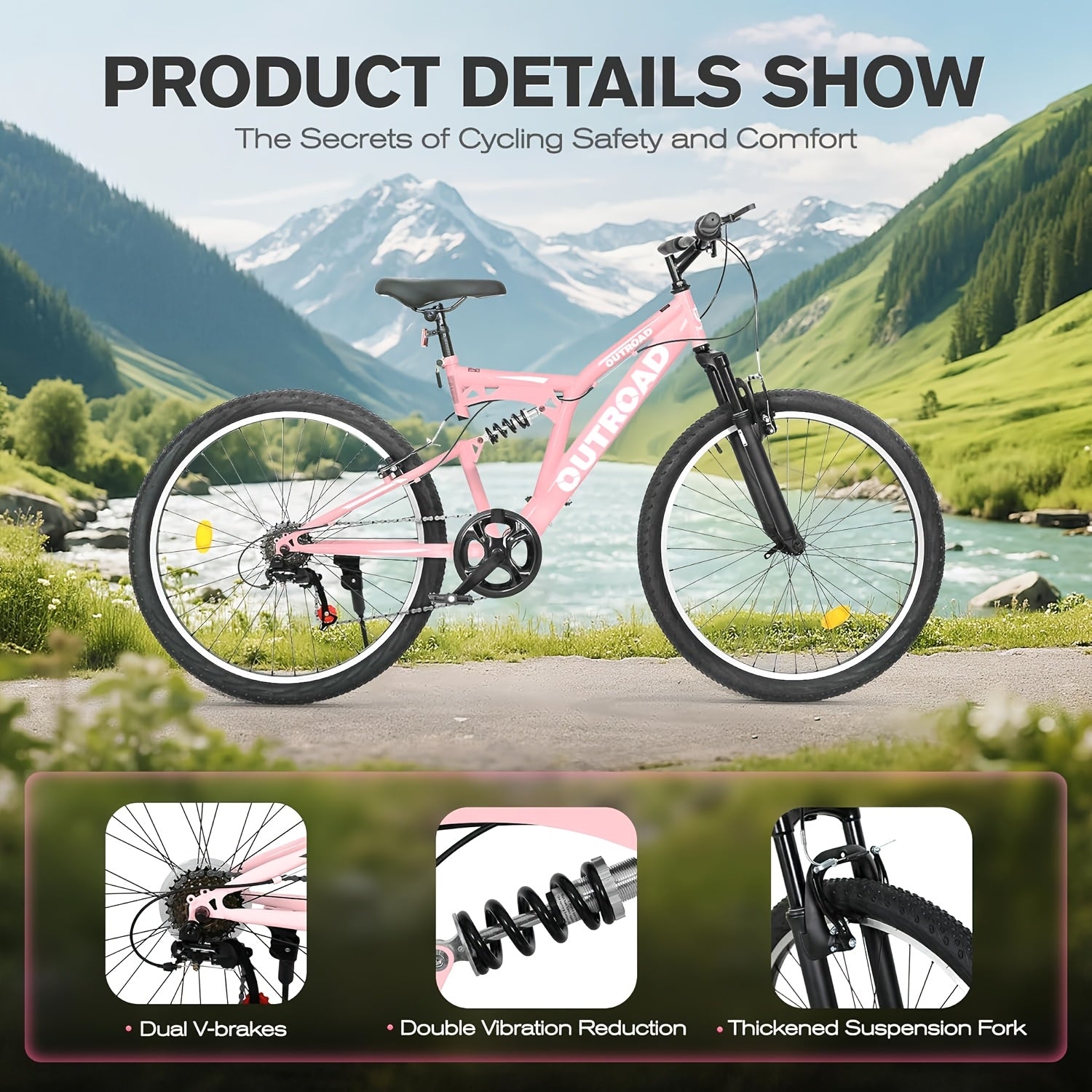 1 26-inch Mountain Bike | 7-speed Full Suspension, Dual V-brake, All-terrain Anti-slip Tires, Alloy Steel Wheels, Stainless Steel Frame, Available in, Suitable for Off-road Riding