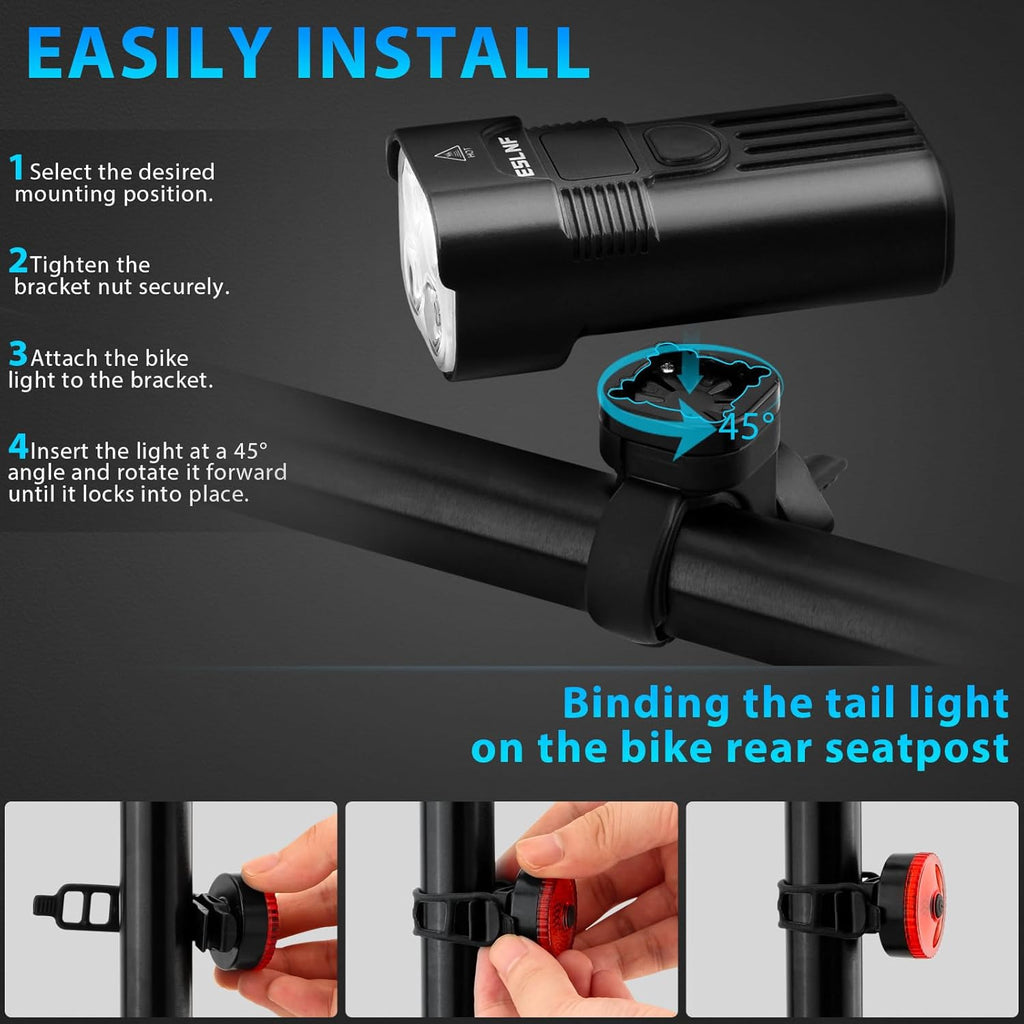Set of Front And Rear Bike Lights That Are Rechargeable Via USB-C, Featuring Multiple LED Modes, Made of Aluminum Alloy, with a Memory Function, Suitable for Commuting And Night Rides in The Mountains