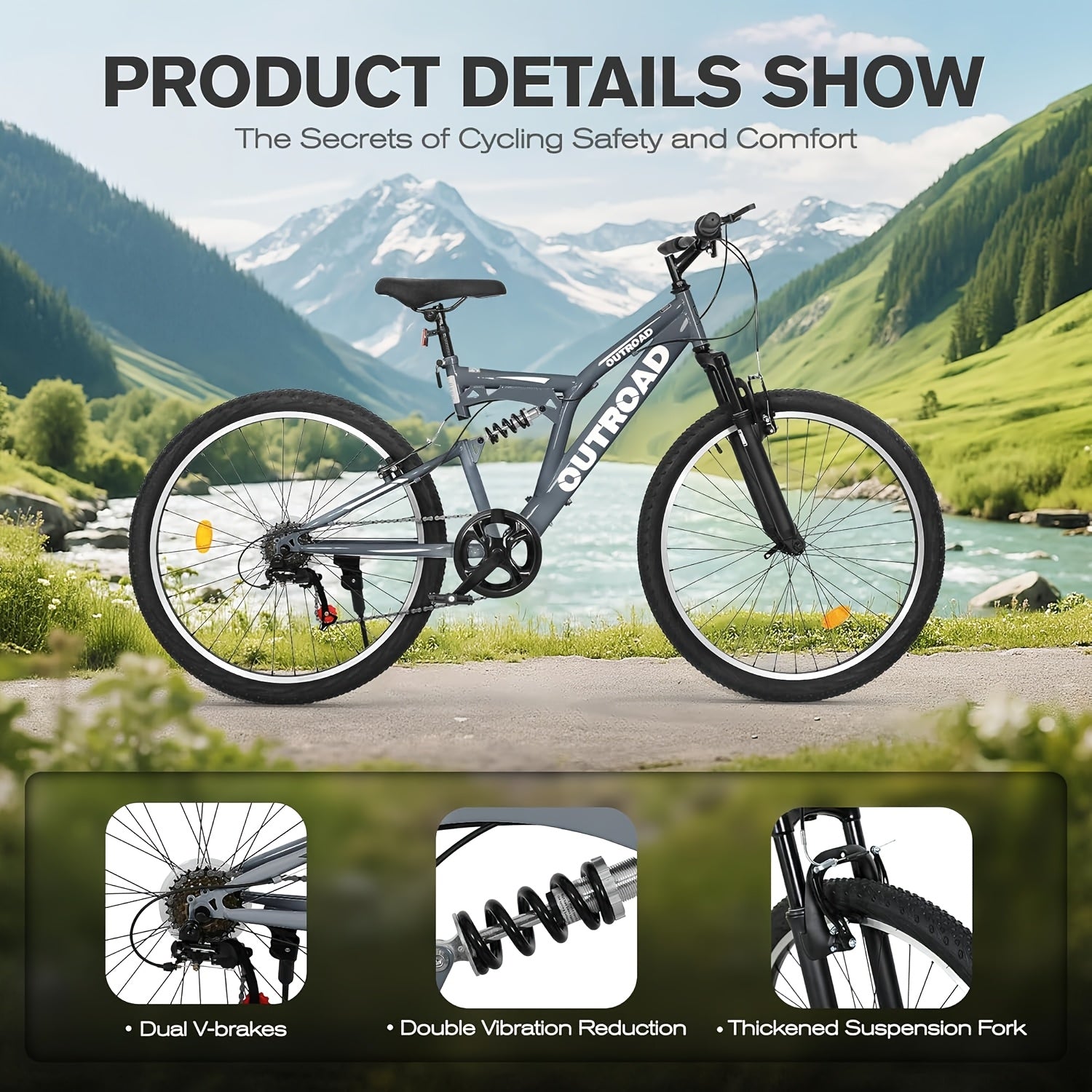 1 26-inch Mountain Bike | 7-speed Full Suspension, Dual V-brake, All-terrain Anti-slip Tires, Alloy Steel Wheels, Stainless Steel Frame, Available in, Suitable for Off-road Riding