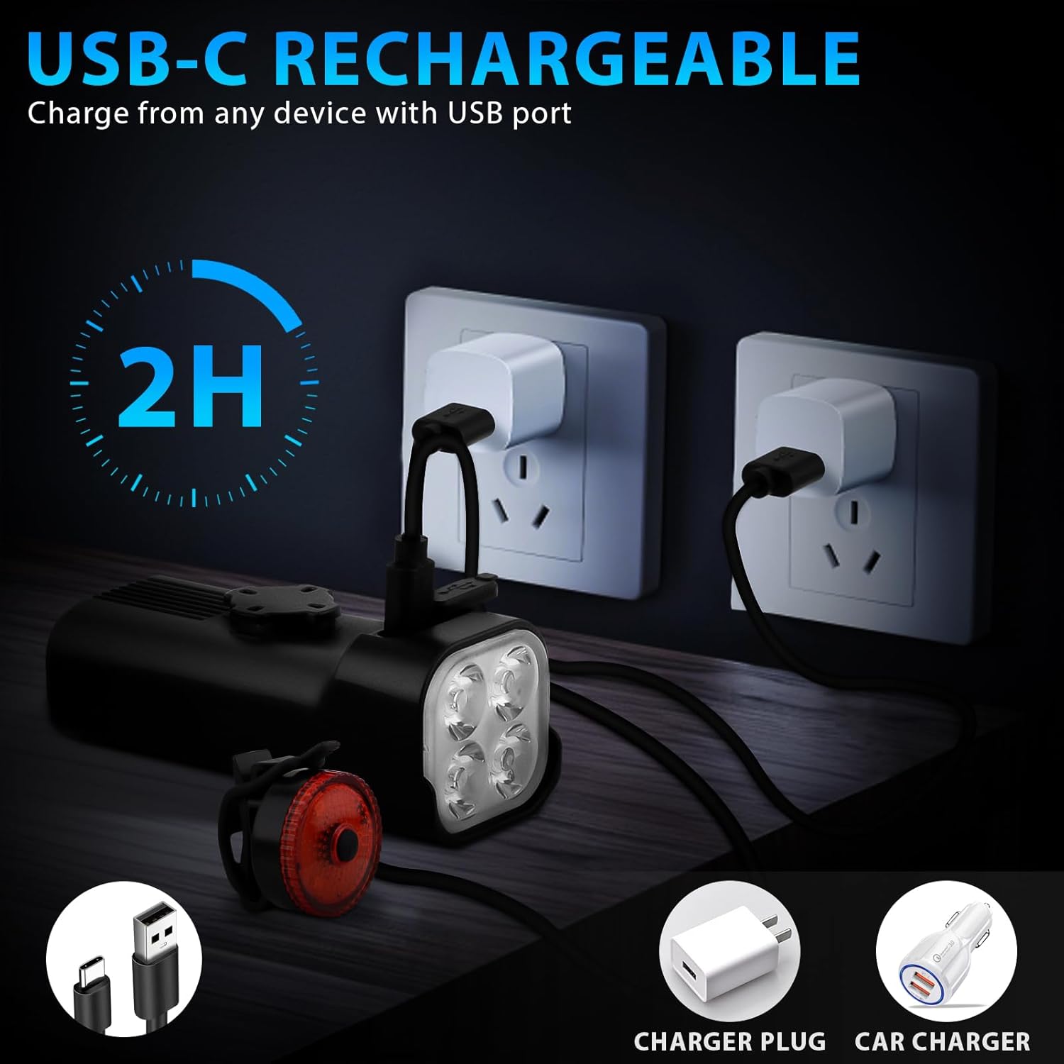 Set of Front And Rear Bike Lights That Are Rechargeable Via USB-C, Featuring Multiple LED Modes, Made of Aluminum Alloy, with a Memory Function, Suitable for Commuting And Night Rides in The Mountains