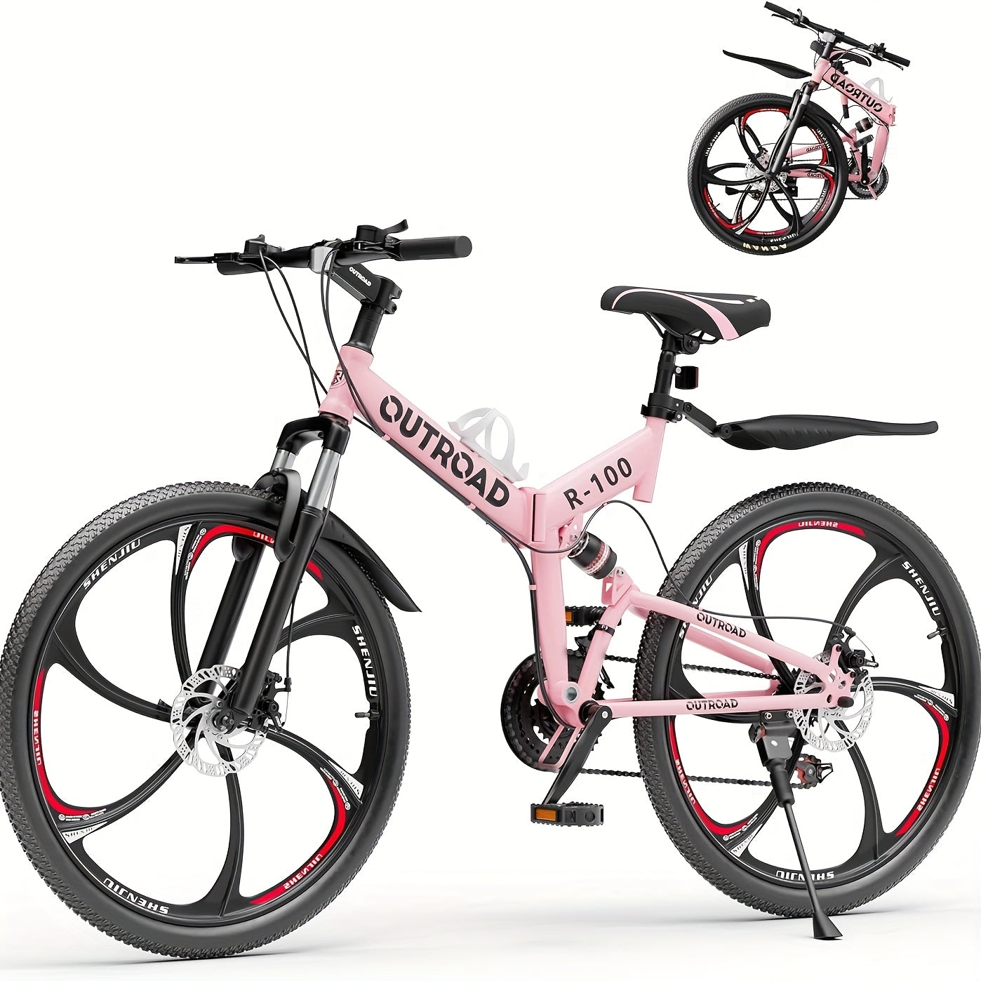 26 Inch Adult Folding Bikes\u002FMountain Bikes, 21 Speeds Mountain Bicycles with Full Suspension, Dual Disc Brake, High Carbon Steel Frame, Foldable Bike for Men\u002FWomen\u002FTeen (Black&Orange)
