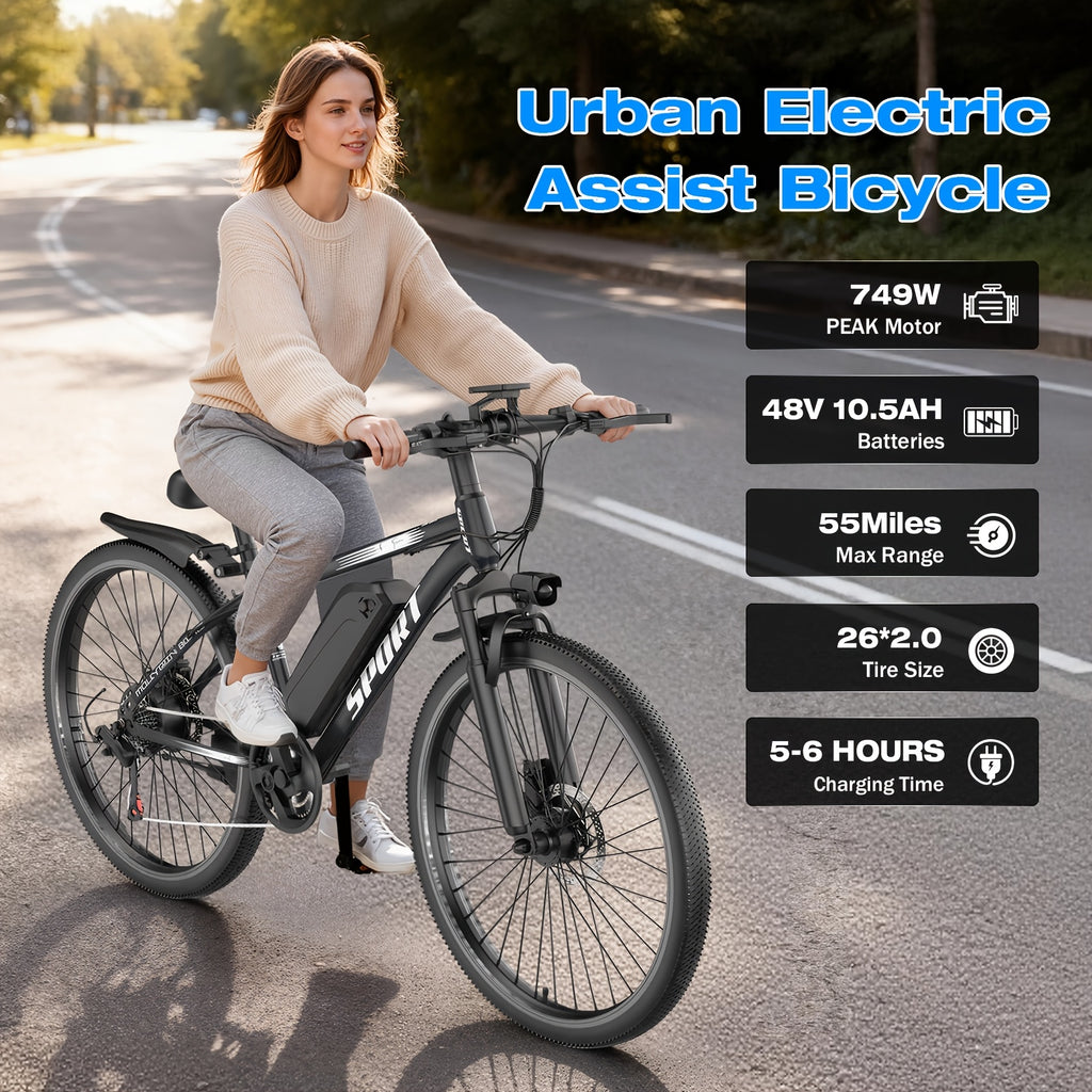 26-Inch Off-Road Electric Mountain Bike, 749W Motor, 25MPH, 48V 10Ah Detachable Lithium Battery, 7 Speed, Dual Disc Brakes, Suitable for Adult Electric Bicycles with a Range of 45 Miles