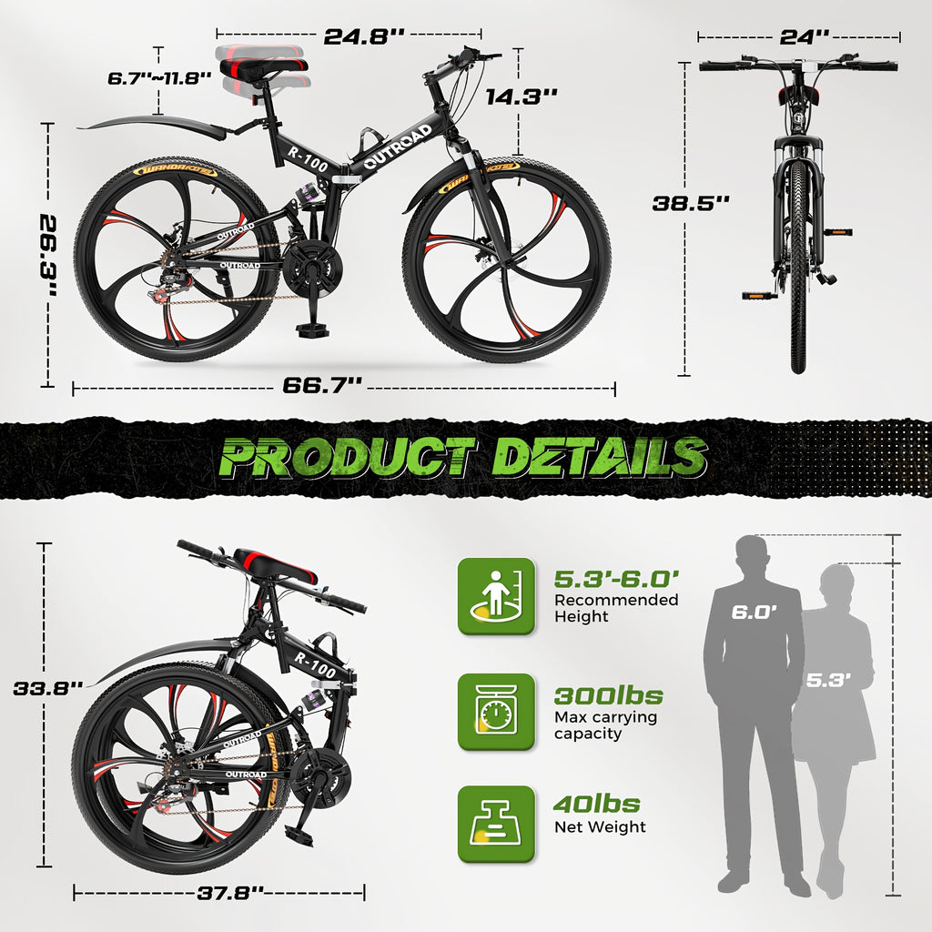 26 Inch Adult Folding Bikes\u002FMountain Bikes, 21 Speeds Mountain Bicycles with Full Suspension, Dual Disc Brake, High Carbon Steel Frame, Foldable Bike for Men\u002FWomen\u002FTeen (Black&Orange)